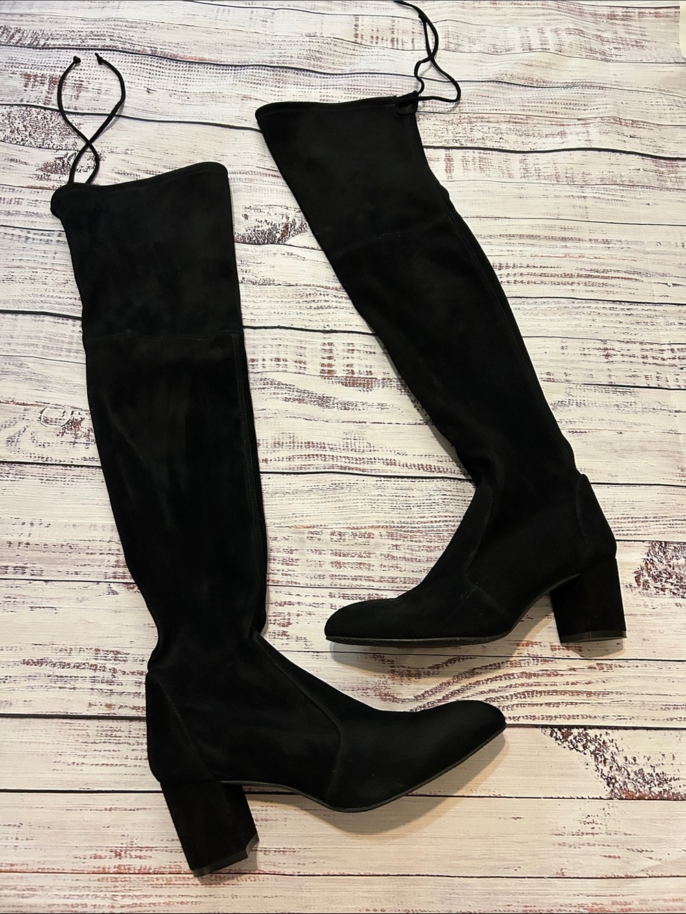 Stuart Weitzman Black Suede Over-the-Knee Block Heel Boots